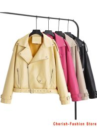 Jackets Fashion Women Elegant Zipper Faux Leather Biker Jacket Pink Yellow Black Slim Ladies Coat Casual brand Motorcycle Leather Coat