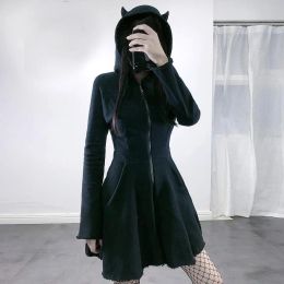 Dress Mini Cat Ear Hoodie Gothic Dress Pullover Long Sleeve Hooded Cute Sweatshirt Dress Zipper Mini Black Dress Sexy Slim Dresses