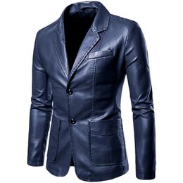 Frühling Herbst Mode Herren Revers Leder Kleid Anzug Mantel Männlich Business Casual Pu Blazer Jacke 240304