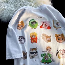 T-Shirts Korean Brand Cute Cats Sticker Printed T Shirts Short Sleeve Pure Cotton Y2K Top Teenage Cartoon Graphic Tee Summer Loose Casual