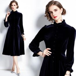 Dress Velvet Dress Women'S Autumn And Winter French Vintage Elegant And Unique High Neck Waist Style Palace Style Design Sense Long Dr