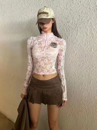 T-shirt Y2k Sexy Mesh See Through Lace Embroidery T Shirt Women American Vintage Long Sleeve Turtleneck Half Zipper Skinny Top Tees Lady