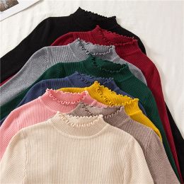 Pullovers Half Turtleneck Ruched Women Sweater Solid 2020 Winter Fashion Sweater Women Slim Knitted Pullovers Pink Soft Warm Pull Femme