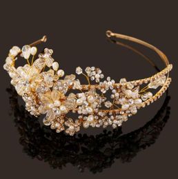 Pearls Wedding Crown Tiaras With Plant Pattern Cheap Bridal Headpiece Flowers Crown Headband Vintage Gold Baroque Crowns For Party6899953