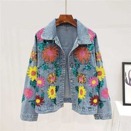 Women's Jackets Jackets Spring Denim Women Sequins Floral Embroidery Sleeve Coat Flower Jeans Tide H532 240305