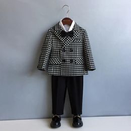 Childrens Houndstooth Formal Suit Set Boys Wedding Birthday Party Performance Costume Kids Double Breasted Blazer Pants Clothes 240304