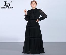 LD LINDA DELLA Fashion Runway Maxi Dresse039s Long Sleeve Lace Patchwork Ruffles Vintage Black Elegant Party 2203107417338