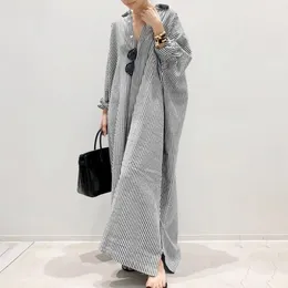 Casual Dresses Loose Fit Dress Striped Print Lapel Maxi For Women Soft Breathable Shirt Type Spring With Long Sleeve Split Hem Plus