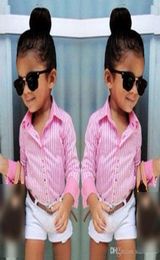 Girls Striped Long Sleeved Shirt White shorts Waist 3 childrens Suit Pink Stripe Fan 3 Set kid3017348864