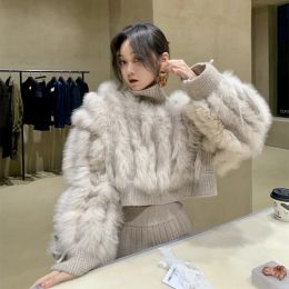 Fur Women Fashion Real Fox Fur Strip Knitted Turtleneck Sweater Real Fur Trim Loose Autumn Spring Short Sweater Coat