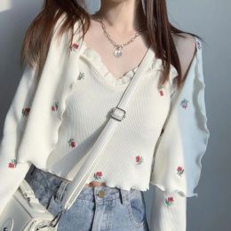 Cardigans Xpqbb Sweet Embroidery Sweater 2 Piece Set Women Autumn Long Sleeve Cardigans and Kniited Vest Suits Korean Chic Short Crop Tops