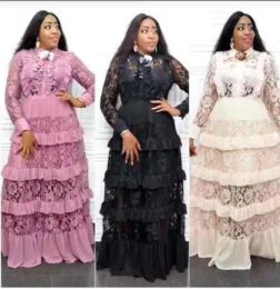 Dress TSXT 2021 New African Style Women Solid 6colors Lace Empire Cake Dress Lady Notched Full Sleeve See Through Long Cake Dress