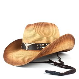 Women Men Hollow Western Cowboy Hat Lady Summer Straw Sombrero Hombre Beach Cowgirl Jazz Sun Hat Wind Rope Size 57-59CM218M