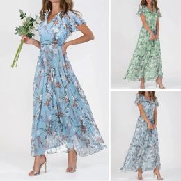 Dress Women Dress Vneck Ruffle Short Sleeve Maxi Dress Waist Tight Highwaist Flowy Hem Sweet Floral Print Chiffon Dress