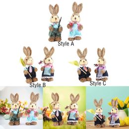 2Pcs Easter Bunny Figurines Easter Decor Cartoon Cute Creative Straw Rabbit Statue for Tabletop Yard Patio Lawn Bookshelf 240223