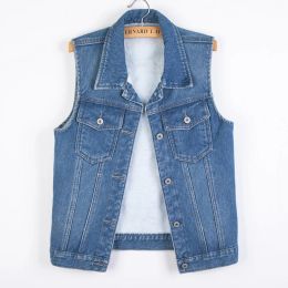 Waistcoats S6XL Denim Vest Autumn Winter Women Velvet Warm Sleeveless Jacket Turn Down Collar Single Breasted Waistcoat Female