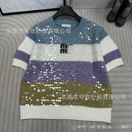 designer MIU Family Round Neck Sequin Stripe Colored Knitted T-shirt Short sleeved Sweet Age Reducing Top 2024 SpringSummer New Edition YFDB