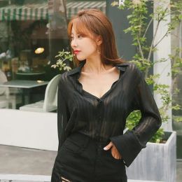 Shirt Clothing Striped Top for Woman Sexy Seethrough Women's Shirts and Blouses Silk Transparent Black Satin Cool New 2023 Youthful M