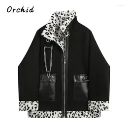 Women's Trench Coats 2024 American Retro Leopard Print Patchwork Mock Neck Chain Decorate Coat Women Flap Pocket Goth Punk Streetwear Warm