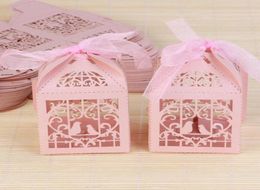 50pcs Hollow Bird Style Wedding Favor Candy Boxes Gift Boxes with Ribbons Pink Purple Red White1092502