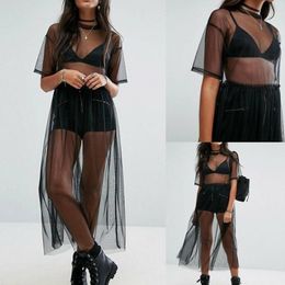 Sarongs Women See Through Bikini Cover Up Gauze Mesh Midi Dress Sheer Maxi Tulle Lace Long Beach Females Sexy Suit Sarongs3164