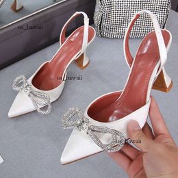 Glitter Rhinestone Women Crystal Bowknot Satin Pointed Toe High Heels Slingbacks Shoe Slip on Ladies Wedding Pumps Sandal