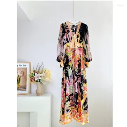 Casual Dresses 2024 Runway Style Silk Black V-neck Double Wrinkle Chiffon Positioning Print Long Dress