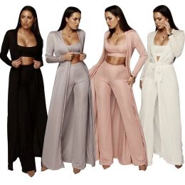 Suits 3 piece set women bandage lace up long sleeve cardigan coat loose wide leg pants tube top 3 piece set for female women's suits