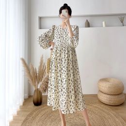 Dresses Autumn and Winter Pregnant Women's Floral Dress Long Sleeved Loose Chiffon Clothes Fashion Printing Loose Maternity Basic Dress