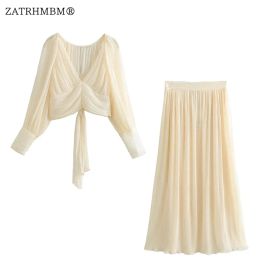 Suits ZATRHMBM 2023 Female Skirts Sets Fashion Cropped Knotted Blouse + High Waist Pleated Midi Skirt Two Piece Set For Women