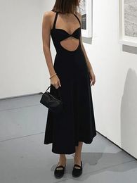 Casual Dresses Women's Summer Halter Dress Black Split Front Low Cut Hollow A-line Long Party Formal Evening