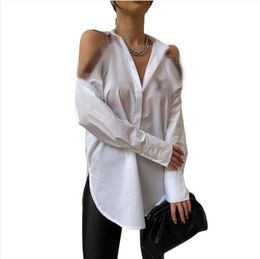 Design women's luxury blouse shirts fashion off shoulder sexy for lady brand new turn down collar lapel long sleeves printed loose fit jacket blouse shirts