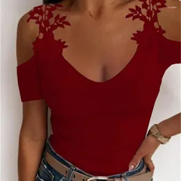 Women's T Shirts Women Oversize Off Shoulder V-Neck Slim Casual Tops Tee Tunic 2024 Summer Lace Petal Short Sleeve Solid Colour Ladies