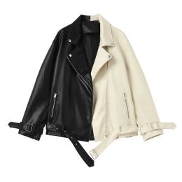 Jackets Women Bike Moto Jacket Autumn Loose Oversize Faux Leather Coat Woman Patchwork Colour Black White PU Outwear Fall woman jacket