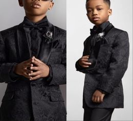 Black Boys Suits For Wedding Kids Formal Wear Satin Collars Slim Fit Dobby Junior Toddler Ring Bearer Tuxedos 2 Piece Jacket Pants7598345