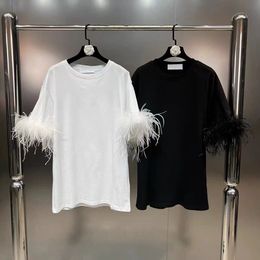 Designer 2024 Spring Summer New Collection Feathers Sleeve Cuff Round Neck Loose T Shirt Women