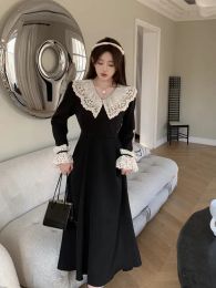 Dress 2023 Autumn Winter Women Black Elegant Peter Pan Collar Midi Dress Korean Fashion Flare Sleeve High Waist Dress