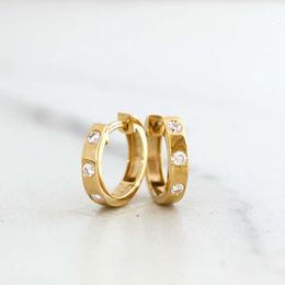 Firstmadam Solid Gold Three Stone Huggie Hoop Earrings 18k Moissanite Gemstone Mini Hoops Minimalist