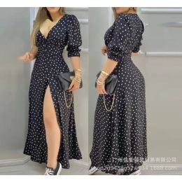 Dress 2024 Spring Summer New Women's Clothing VNeck Black White Polka Dot Floral Print Slit Long Dress