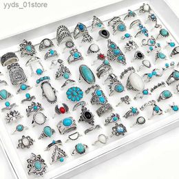 Band Rings 50/Pcss/Lot Vintage Boho Blue Stone Turquoise Rings for Women Wholesale Mix Styles Ethnic Finger Ring Set Jewellery Party Gifts L240305