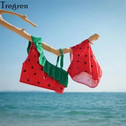 Swimwear Tregren Little Girls Bikini Set Ruffled Watermelon Seeds Swimsuit Off Shoulder Swimwear Summer Bathing Suit Swimming Beach Wear