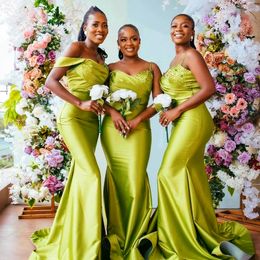 2024 Limen Green Long Satin Mermaid Bridesmaid Dress Beaded Sweetheart Neck Spaghetti Elegant Wedding Party Dresses Women Formal Occasion Gown