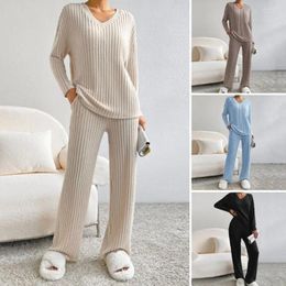 Women's Sleepwear Ribbed Knit Pajama Set Cozy Knitted Sweater Pants With V Neck Pockets For Women Soft Elastic Waist Homewear Pajamas Fall