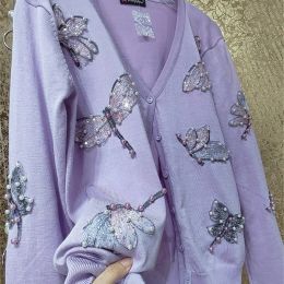 Cardigans Luxury 3D Dragonfly Embroidery Pearls Beaded Purple Knitted Cardigan Fairy Sequined Pattern Sweater Coat Knitwear Jumpers Tops