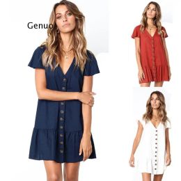 Dress Pleated Ruffle Female Sundress Women Summer Dress 2021 Sexy V Neck Linen Buttons Short Mini Vestidos A Line Loose Casual Dresses