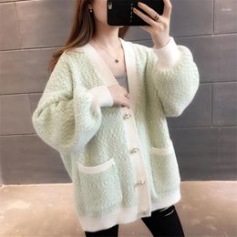 Women's Knits Fashion Mid Long Patchwork Knitted Cardigan Women Sweater Jumper Ladies Loose 5 V Neck Mink Cashmere Knit Jacket Coat Female