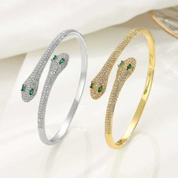 Light Luxury Green Eye Double Snake Set Zircon Stone Design with Individualised and Cold Design Opening Bracelet and Bracelet Ornament