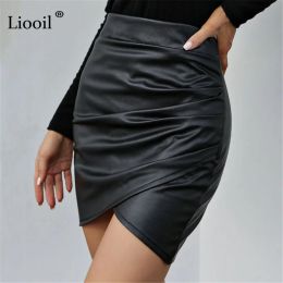 Dresses Faux Leather Sexy Ruched Asymmetrical Bodycon Mini Skirts for Ladies 2022 Streetwear High Waist Office Wear Women Short Skirt