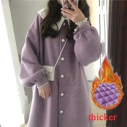 Blends Wool Women Purple Winter Long Coat Kawaii Japanese Style Student Ruched Lantern Sleeve Sweet Harajuku Oversized Streetwear Girls