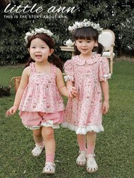 Clothing Sets Girls' Cute Flower Dress 2024 Summer Baby Suspender Lace Casual Pants